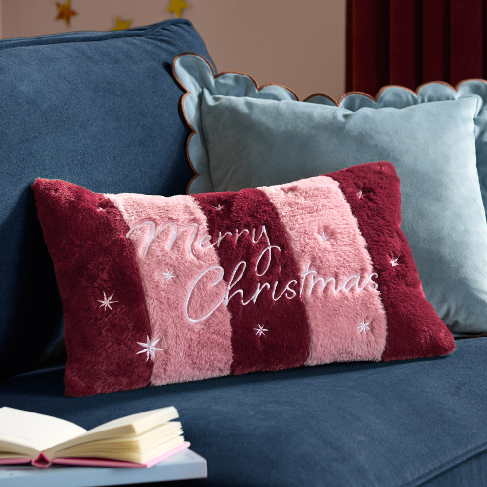Furn Burgundy and Pink Merry Christmas Faux Fur Stripe Cushion 30 x 50cm Image 4
