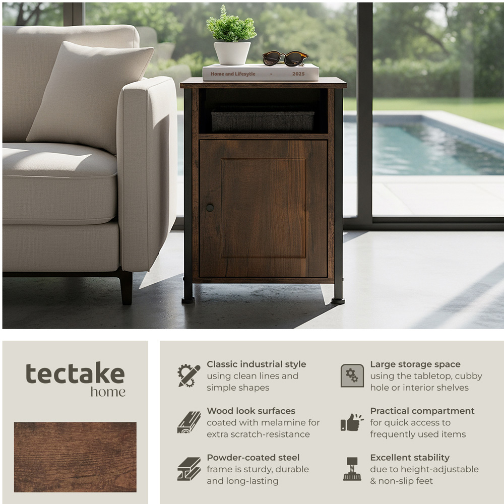 Tectake Blackburn Single Door Single Shelf Rustic Dark Wood Bedside Table Image 3