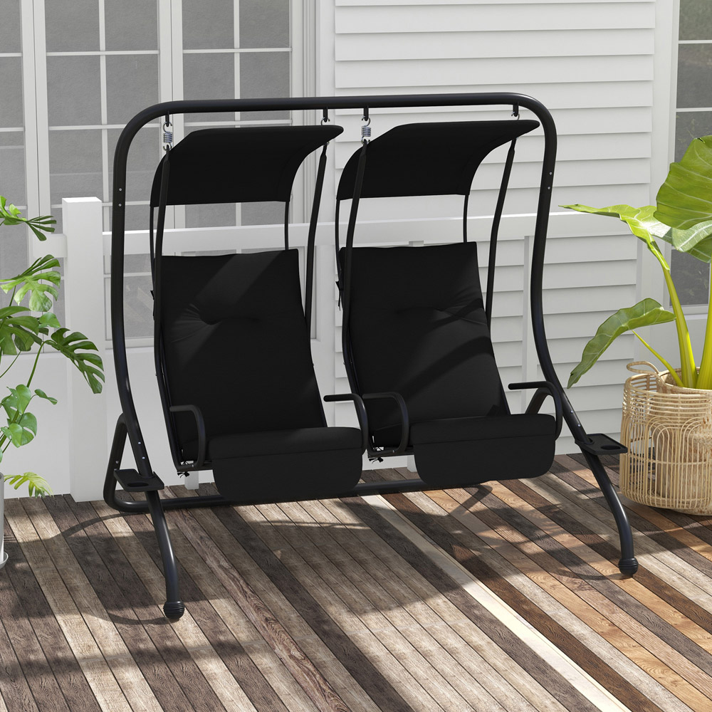 Outsunny 2 Seater Black Independent Swing Chair with Canopy and Cup Holder Image 3