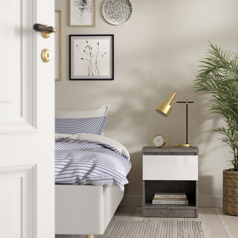 Florence Single Drawer Single Shelf Concrete and White High Gloss Bedside Table Image 6
