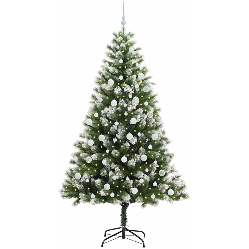 vidaXL Pre-Lit White Baubles Green Artificial Snow Tipped Hinged Christmas Tree 7ft Image 1