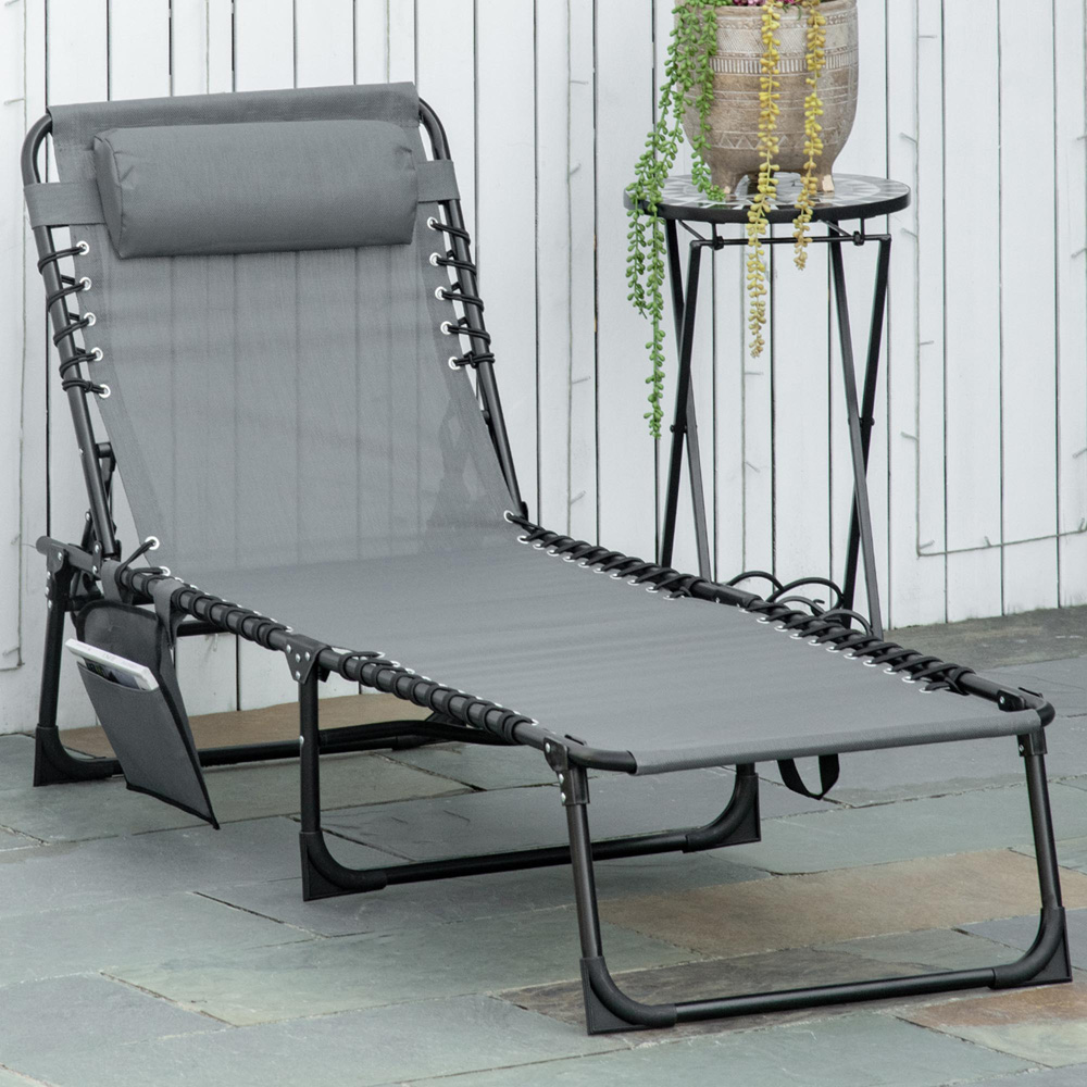 Outsunny Grey Portable Garden Reclining Sun Lounger Image 1