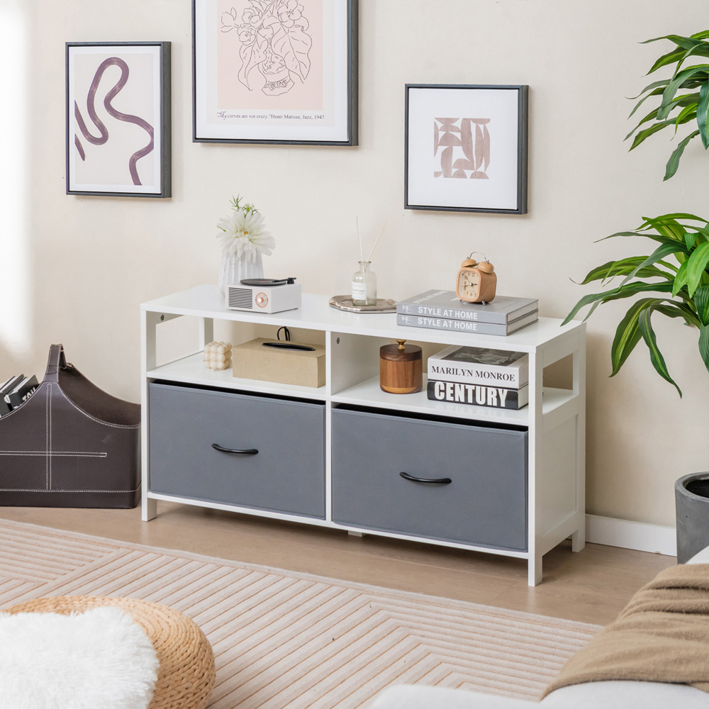Costway 2 Drawer 2 Shelf White Fabric Storage TV Unit Image 4