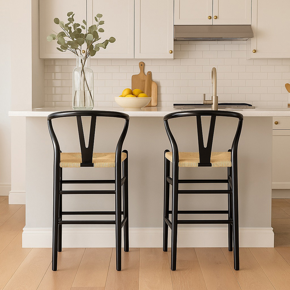 Nicholas Winter Black and Natural Woven Rope Wooden Wishbone Bar Stool Image 3