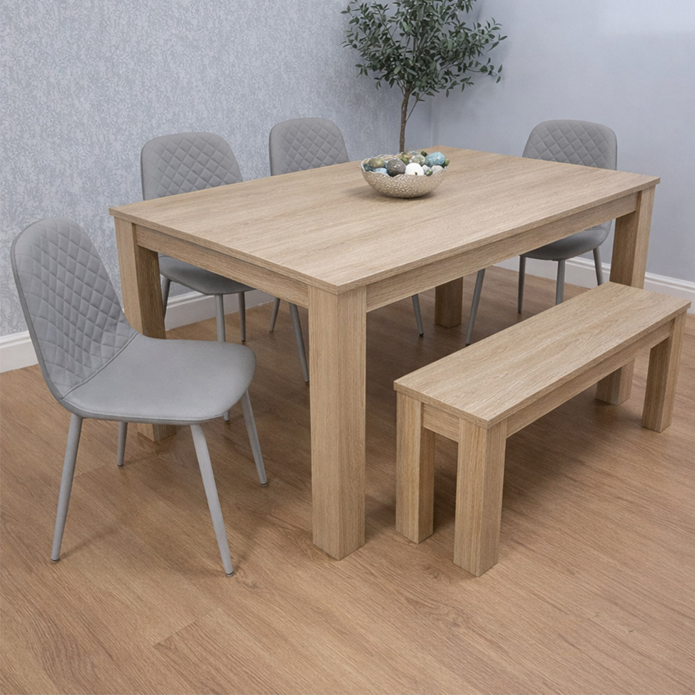 Kosy Koala 6 Seater Faux Leather Dining Bench Set Oak Effect and Grey Image 1