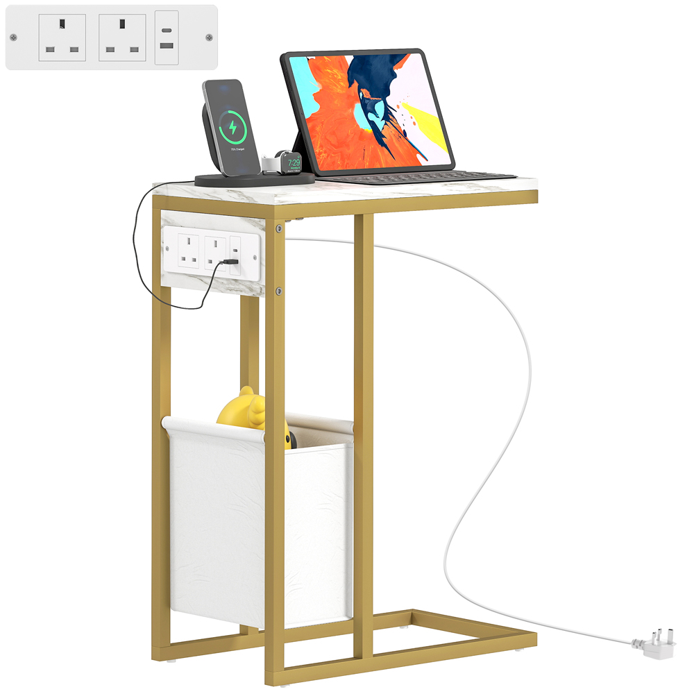 HOMCOM Faux Marble C-Shape Side Table with Charging Station and Storage Bag Image 2