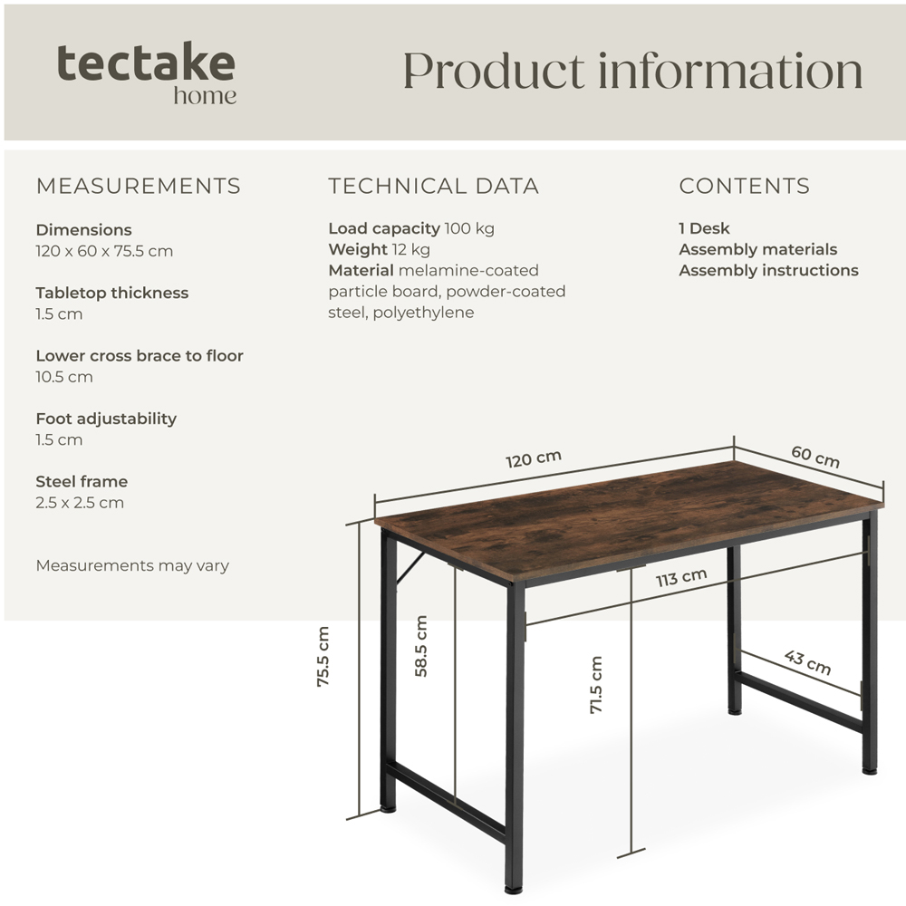 tectake Jenkins Dark Wood Office Desk 120 x 60 x 75.5cm Image 8