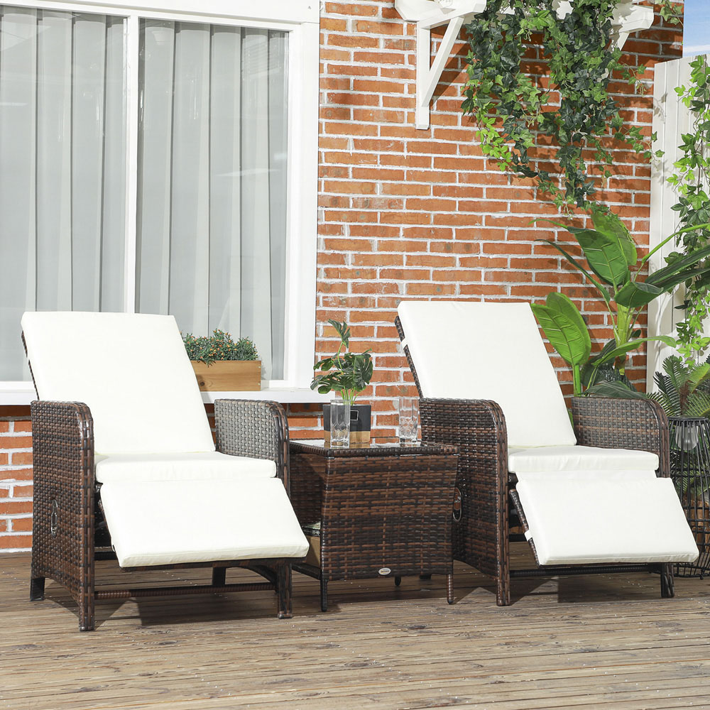 Outsunny 2 Seater White and Brown PE Rattan Recliner Bistro Set Image 1