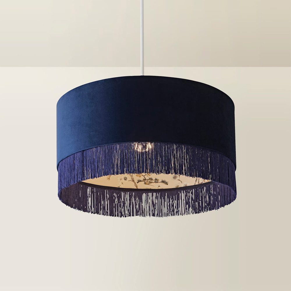 ValueLights Kimberly Navy Blue Velvet Printed Inner Fringe Easy Fit Ceiling Lamp Shade 50cm Image 3