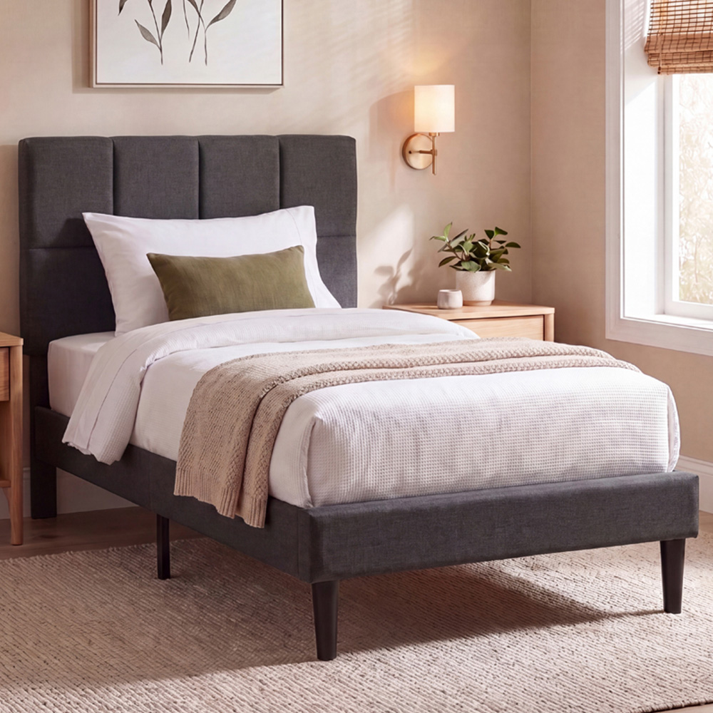 VIDA DESIGNS Velmora Single Dark Grey Linen Fabric Bed Image 1