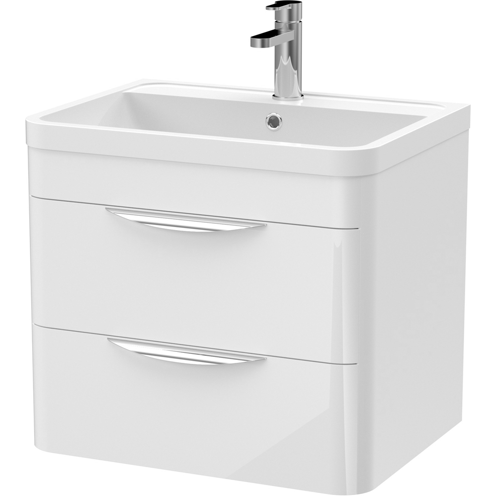 nuie Parade 2 Drawer Gloss White Wall Hung Vanity Unit and 1 Tap Hole Polymarble Basin 600mm Image 1