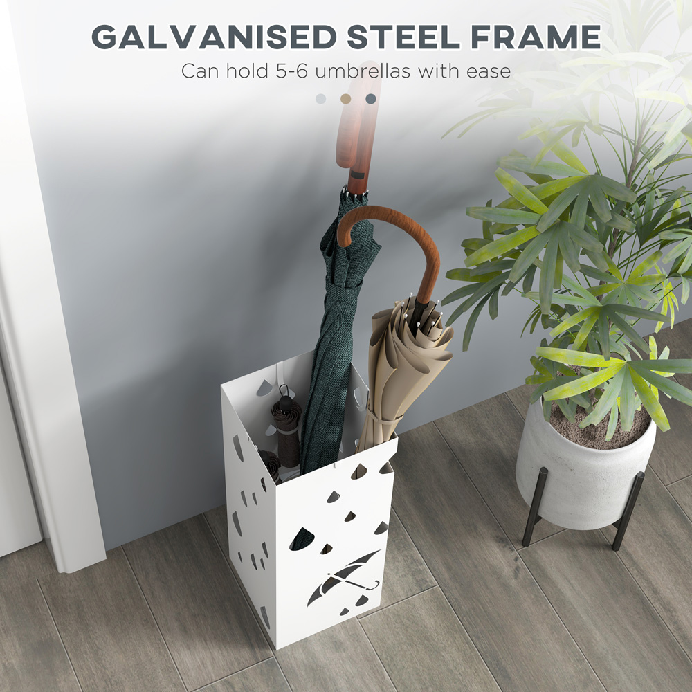 HOMCOM White Metal Square Umbrella Stand with 4 Hooks Drip Tray Image 4