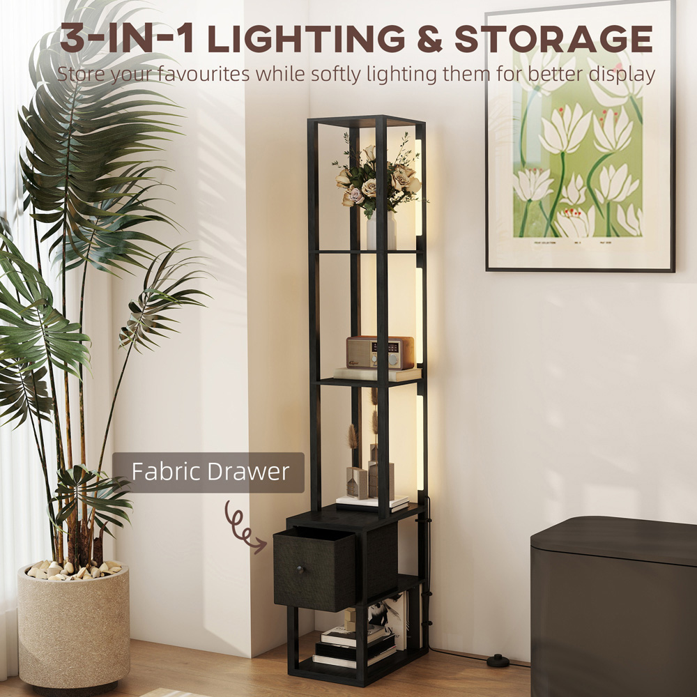 HOMCOM Single Drawer 4 Shelf Black LED Floor Lamp Image 8
