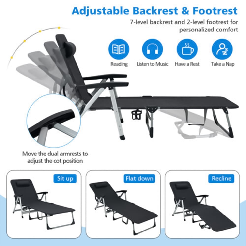 Costway Black Foldable Outdoor Chaise Lounger with Detachable Pillow Image 5