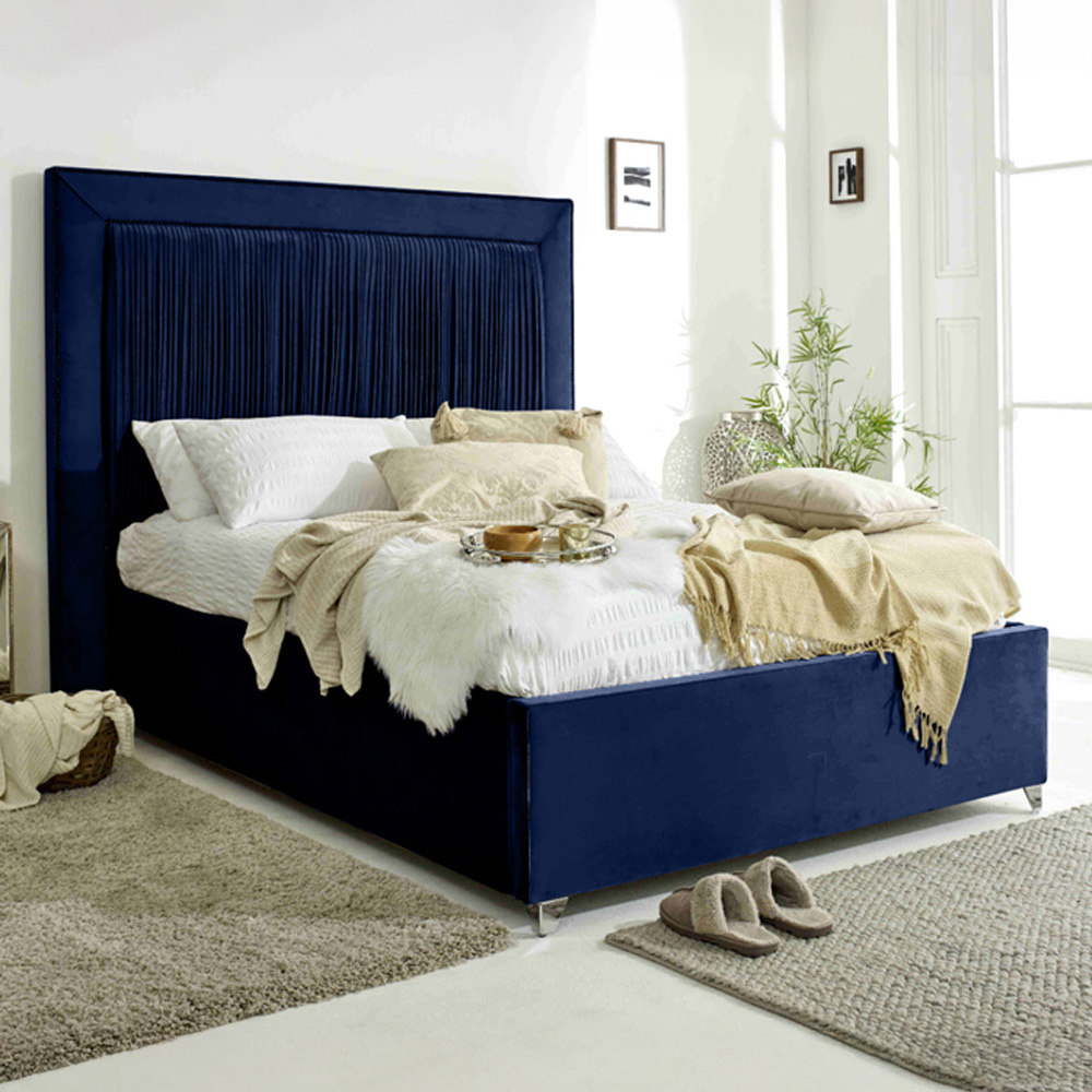 Eleganza Alexandra Single Blue Plush Velvet Bed Frame with Pleated Headboard Image 1