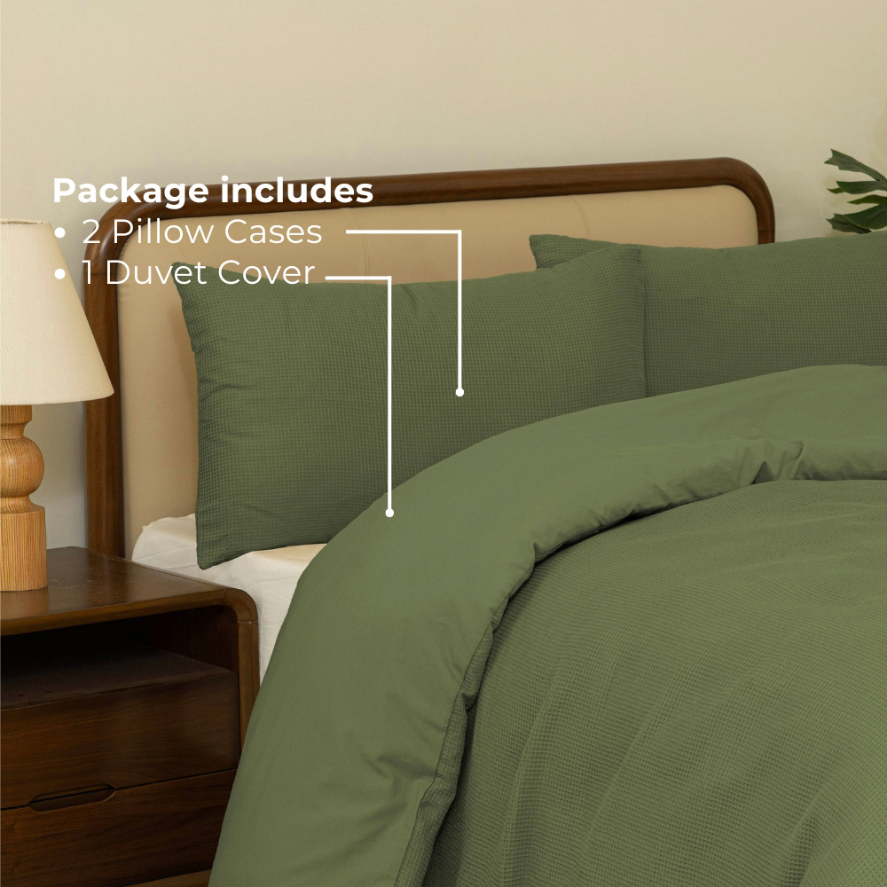 MHG Living Super King Size Olive Green Chunky Waffle Duvet Cover Set Image 7