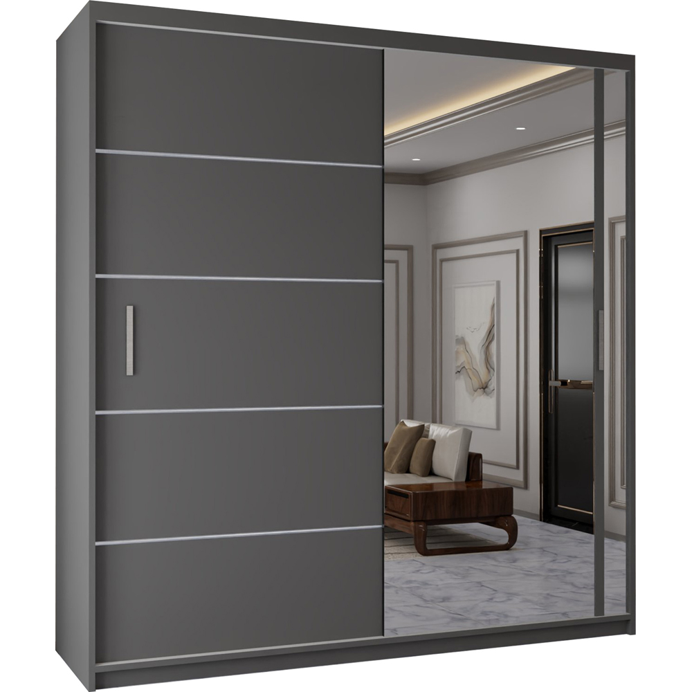 Modern Sliding Mirror Door Wardrobe with Adjustable Shelves and Hanging Rails (Grey 203cm) Image 2