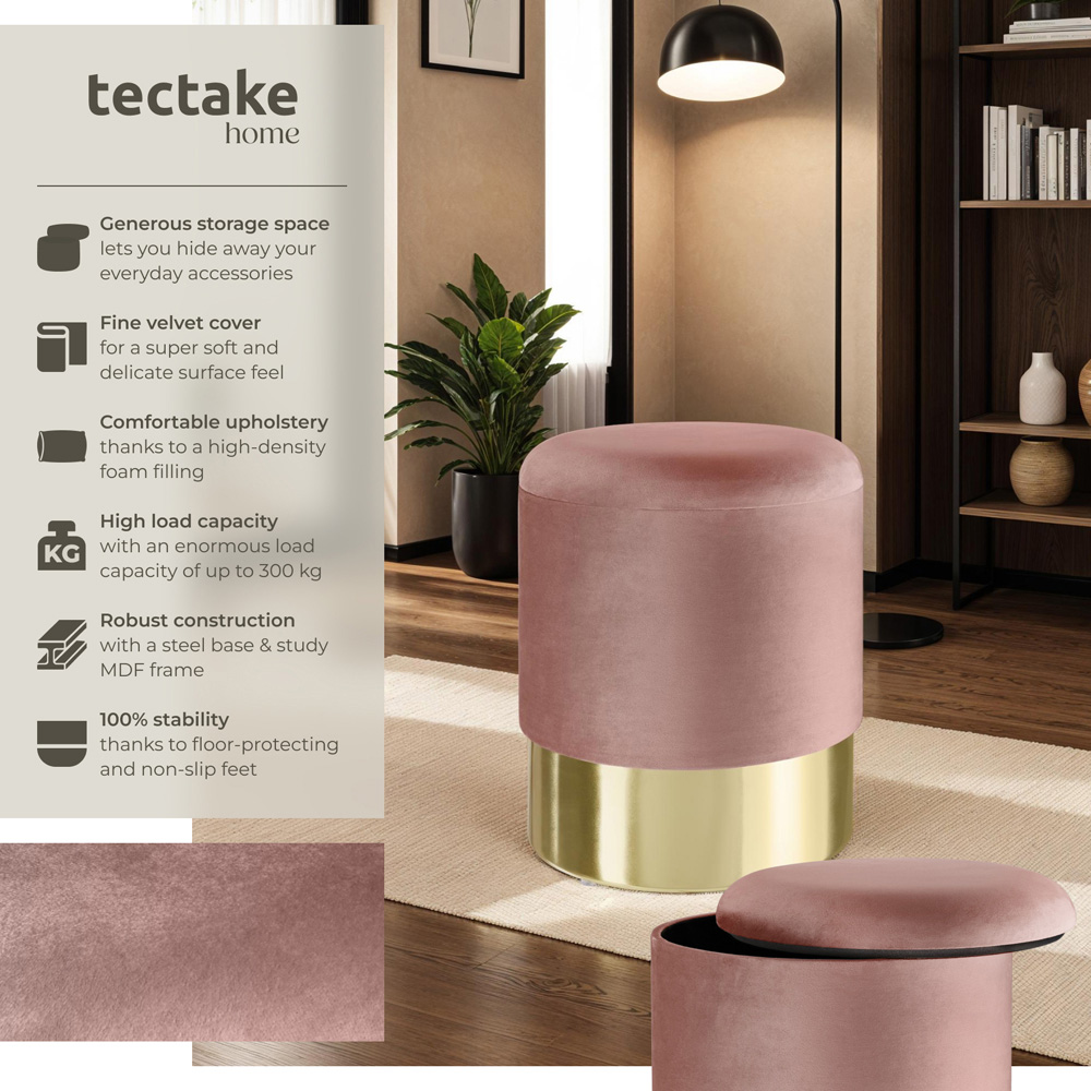 tectake Sarina Rose Velvet Look Padded Round Stool with Storage Image 4