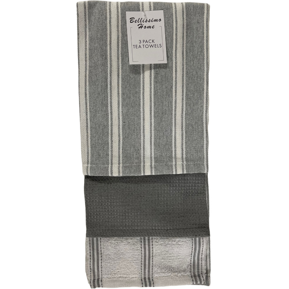 Bellissimo Grey Stripe Cotton Tea Towel 3 Pack Image 1