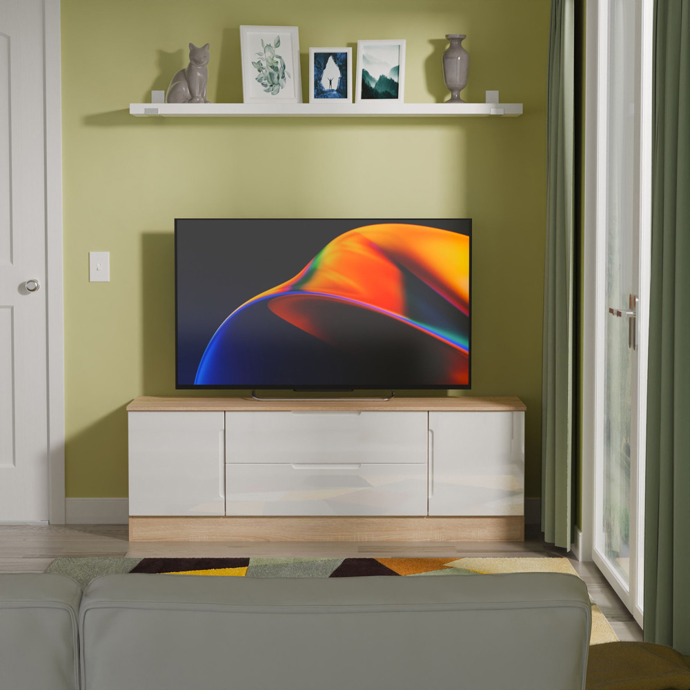 Crowndale Milan 2 Door 2 Drawer White Gloss and Bardolino Oak Wide TV Unit Ready Assembled Image 9