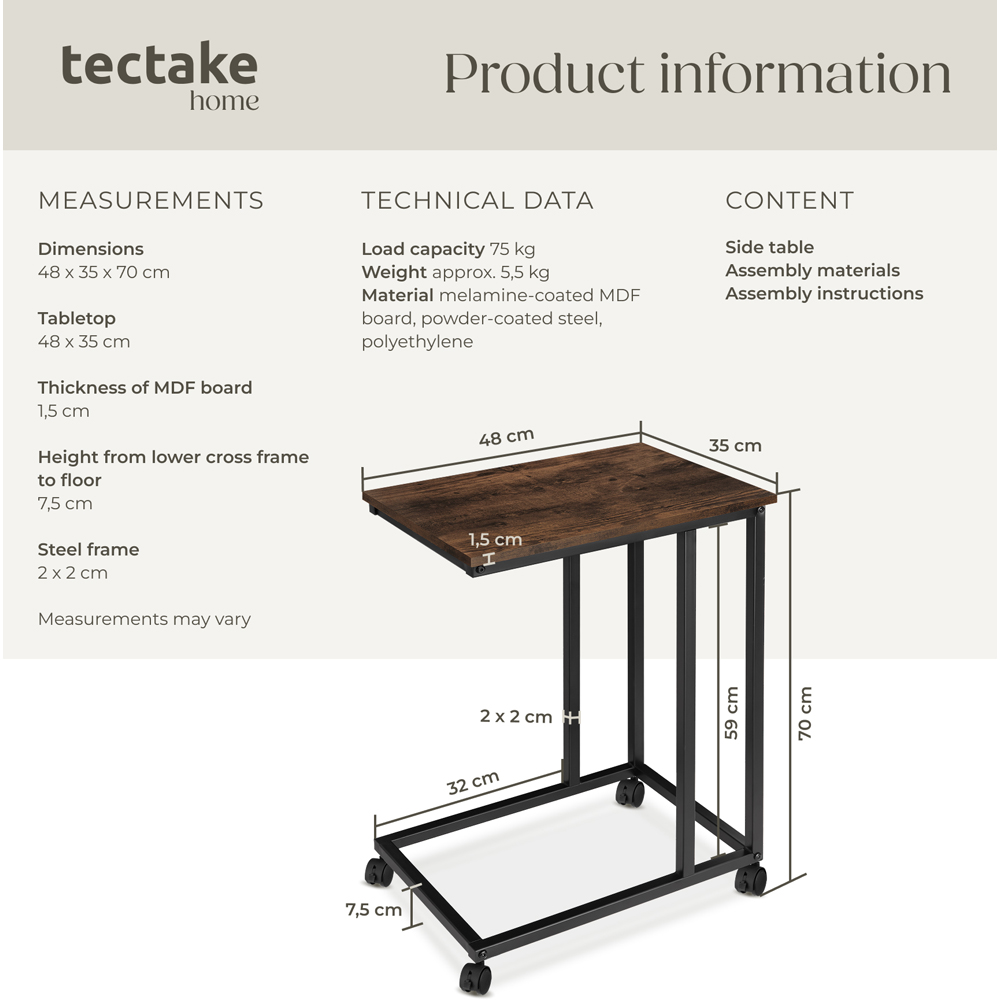 Tectake Luton C-Shape Rustic Dark Wood Bedside Table with Swivel Castors Image 9