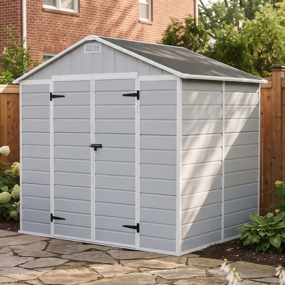 Living and Home 8 x 6ft Smokey Grey Wood Grain Plastic Apex Storage Shed Image 1