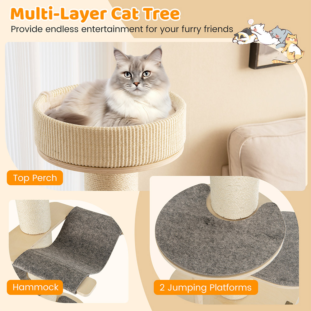 Costway Grey Multi Level Cat Tower with Sisal Covered Scratching Posts 120cm Image 5