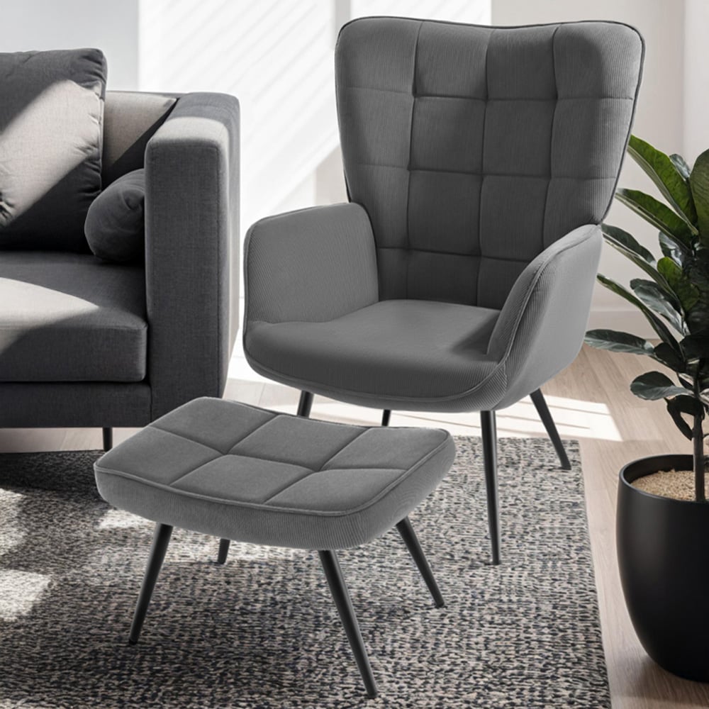 tectake Hygge Fine Corduroy Anthracite and Black Armchair with Stool Image 1