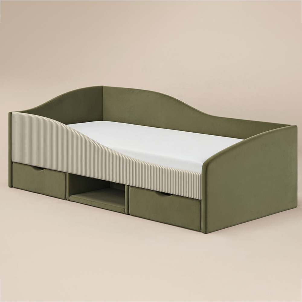 Flair Aubrey Olive Green and Beige Velvet and Cord Low Sleeper Bed with Storage Image 2