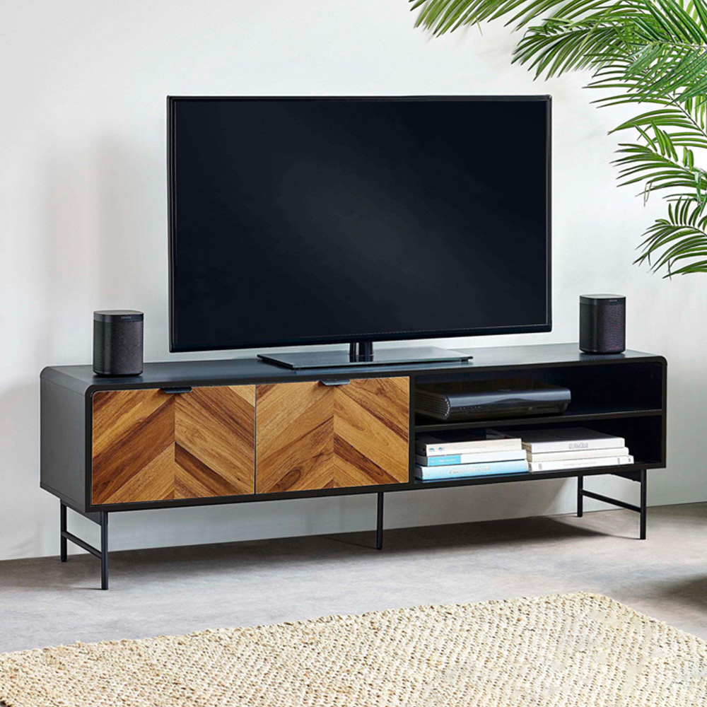 Julian Bowen Alvin 2 Door 2 Shelf Black and Chevron Natural Wood Effect TV Unit Image 1