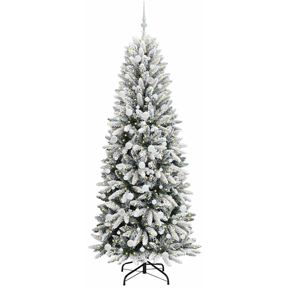 vidaXL Pre-Lit White Baubles Artificial Snow Flocked Christmas Tree 7ft Image 1