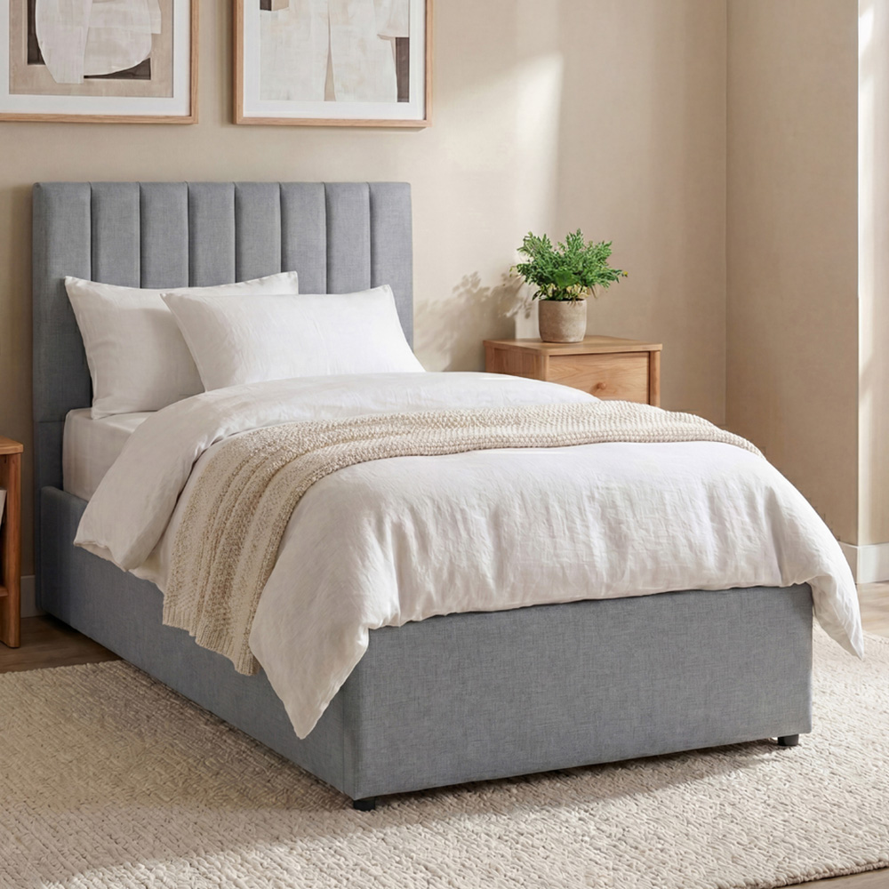 VIDA DESIGNS Vellaro Single Light Grey Linen Fabric Ottoman Bed with Headboard and Mattress Image 1