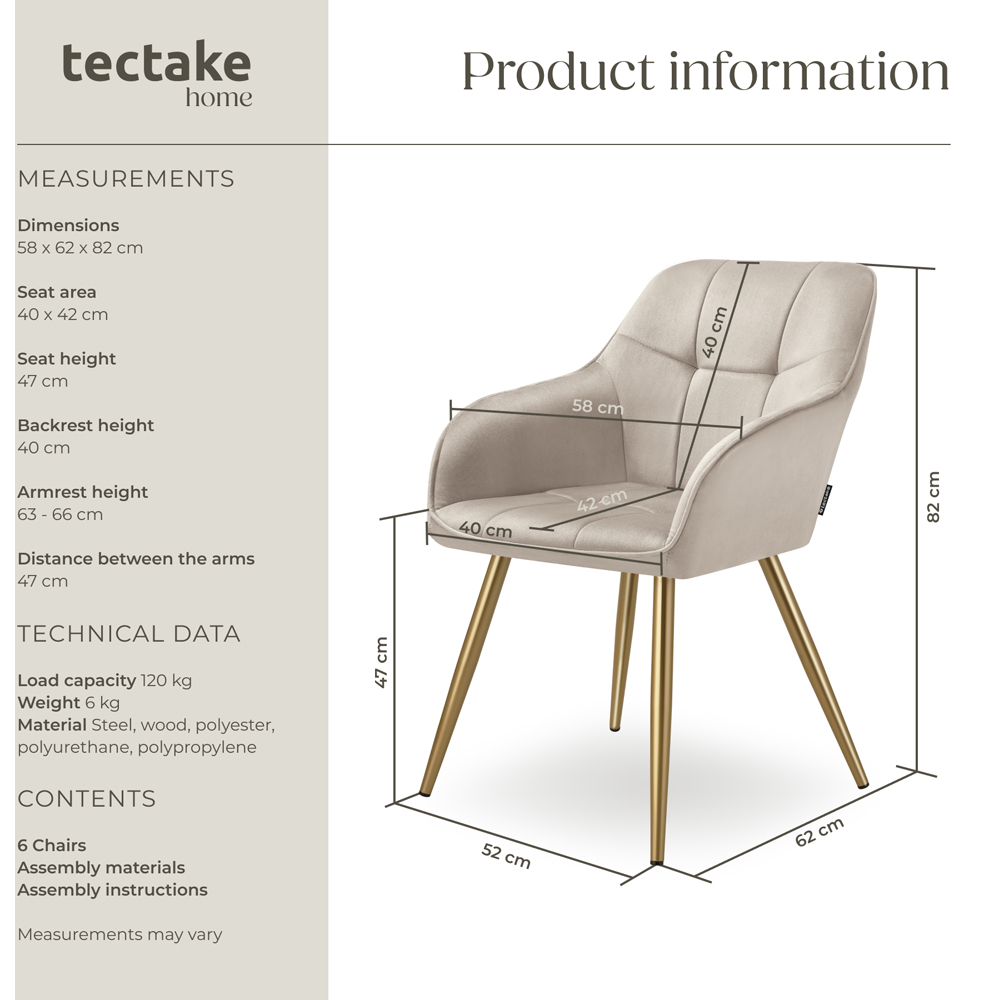 Tectake Marilyn Tauper and Gold Quilted Velvet Continuous Backrest Chair Set of 6 Image 9