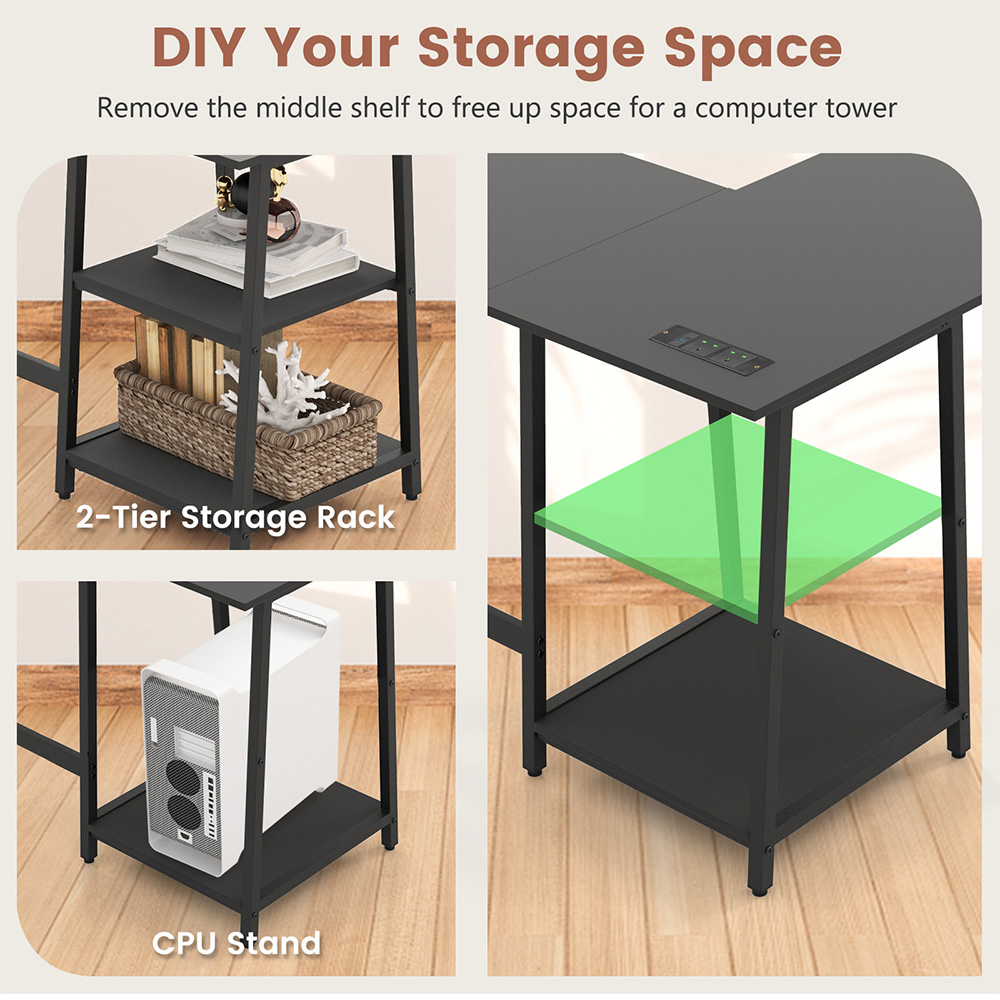 Costway 2 Shelf L Shaped Computer Desk with USB Port Black Image 6
