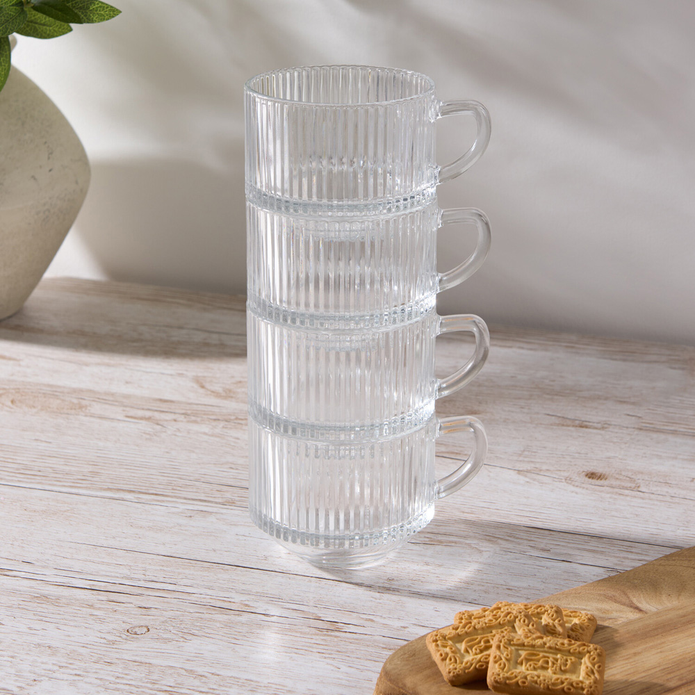 Pack of 4 Ribbed Stackable Glass Mugs Clear Image 5