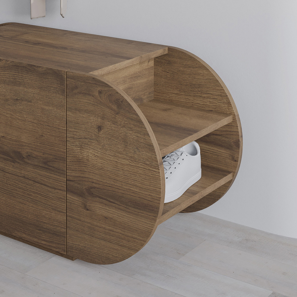 Decortie Pozy 2 Shelf Single Door Dark Oak Effect Modern Shoe Storage Bench Image 3