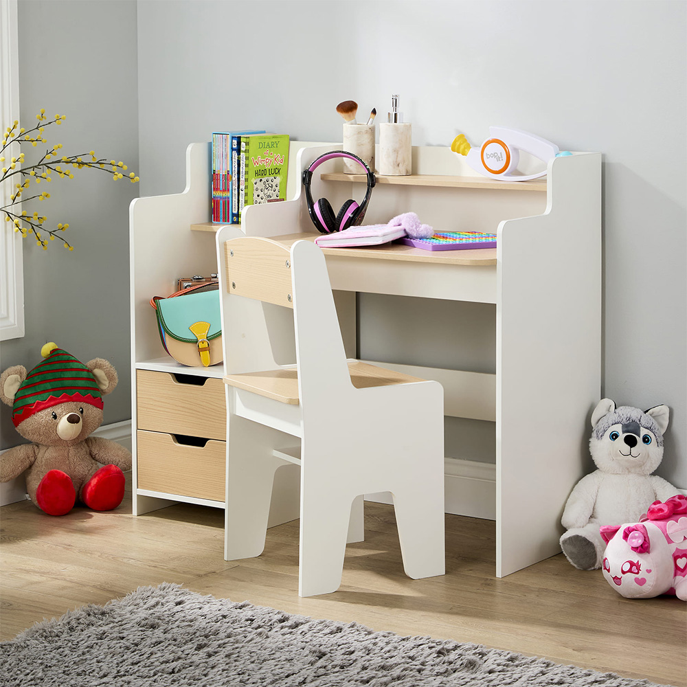 Home Source Scribbly 2 Drawer 3 Shelf White and Wood Effect Kids Study Desk Set Image 9