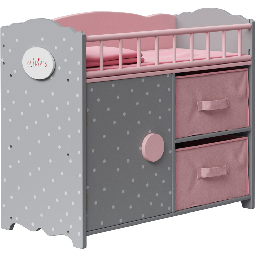 Teamson Kids Olivia's Little World Pink and Grey Polka Dots Baby Doll Crib with Cabinet and Cubby Image 3