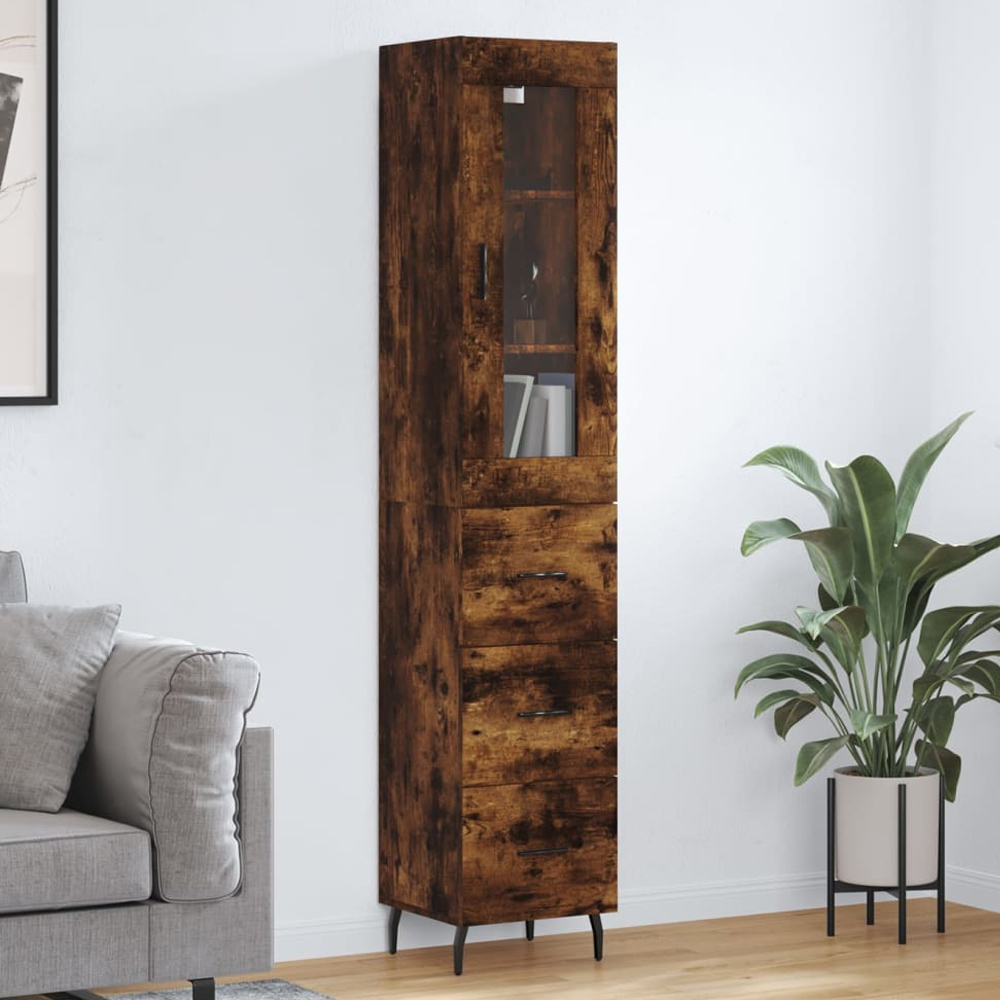 vidaXL Single Glass Door 3 Drawer Smoked Oak Highboard Image 1