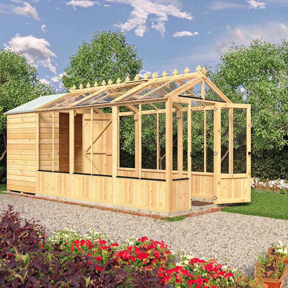 Shire Holkham 6 x 16ft Glazed Toughened Glass Greenhouse with Shed Image 2