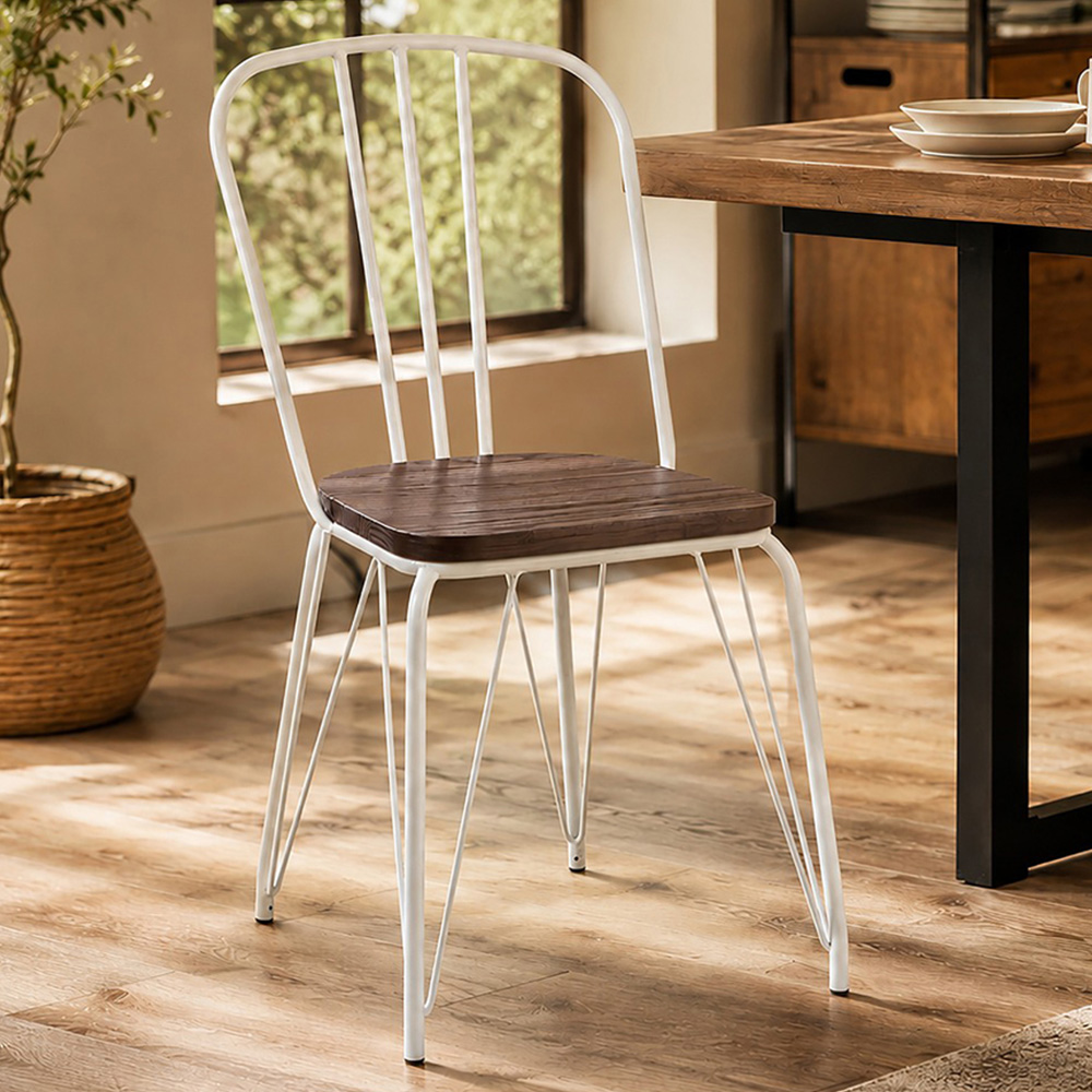Premier Housewares District White Metal Frame and Elm Wood Dining Chair Image 1