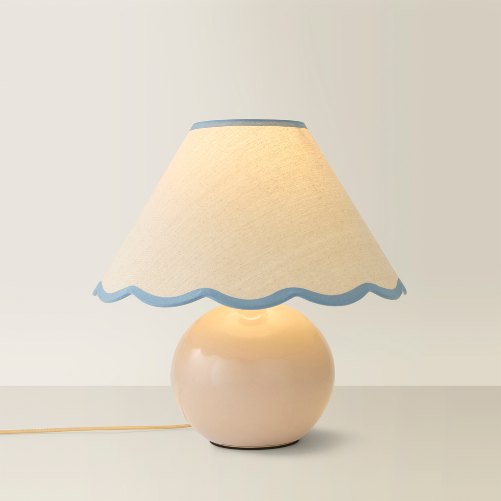 ValueLights Bosco Natural Stone Linen Blue Trim Scallop Shade Ceramic LED Table Lamp Image 5