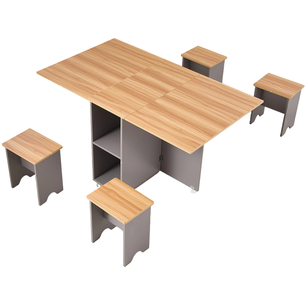 Living and Home 4 Seater Drop-Leaf Dining Table and Stool Set Grey and Natural Wood Grain Image 2