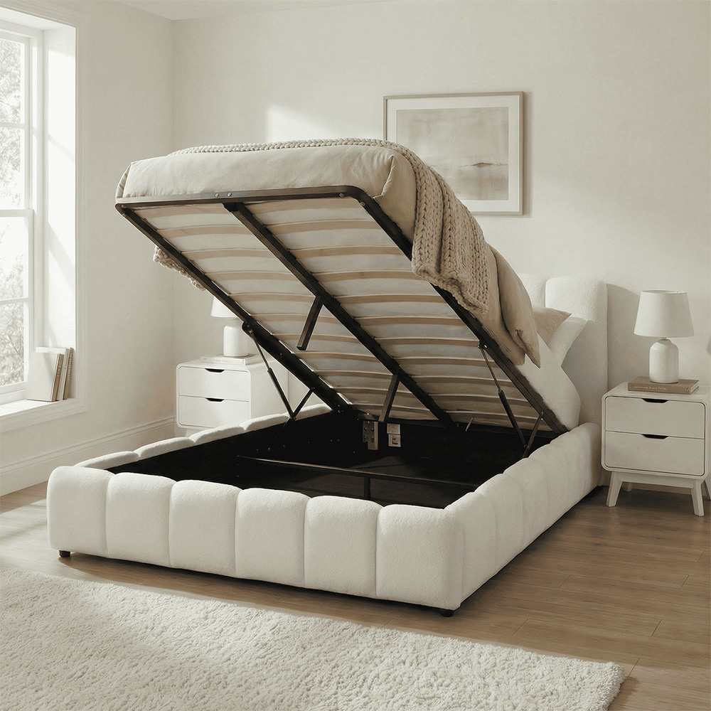 Home Source Bubble Double White Textured Velvet Lift-Up Ottoman Bed with Fluted Headboard Image 6