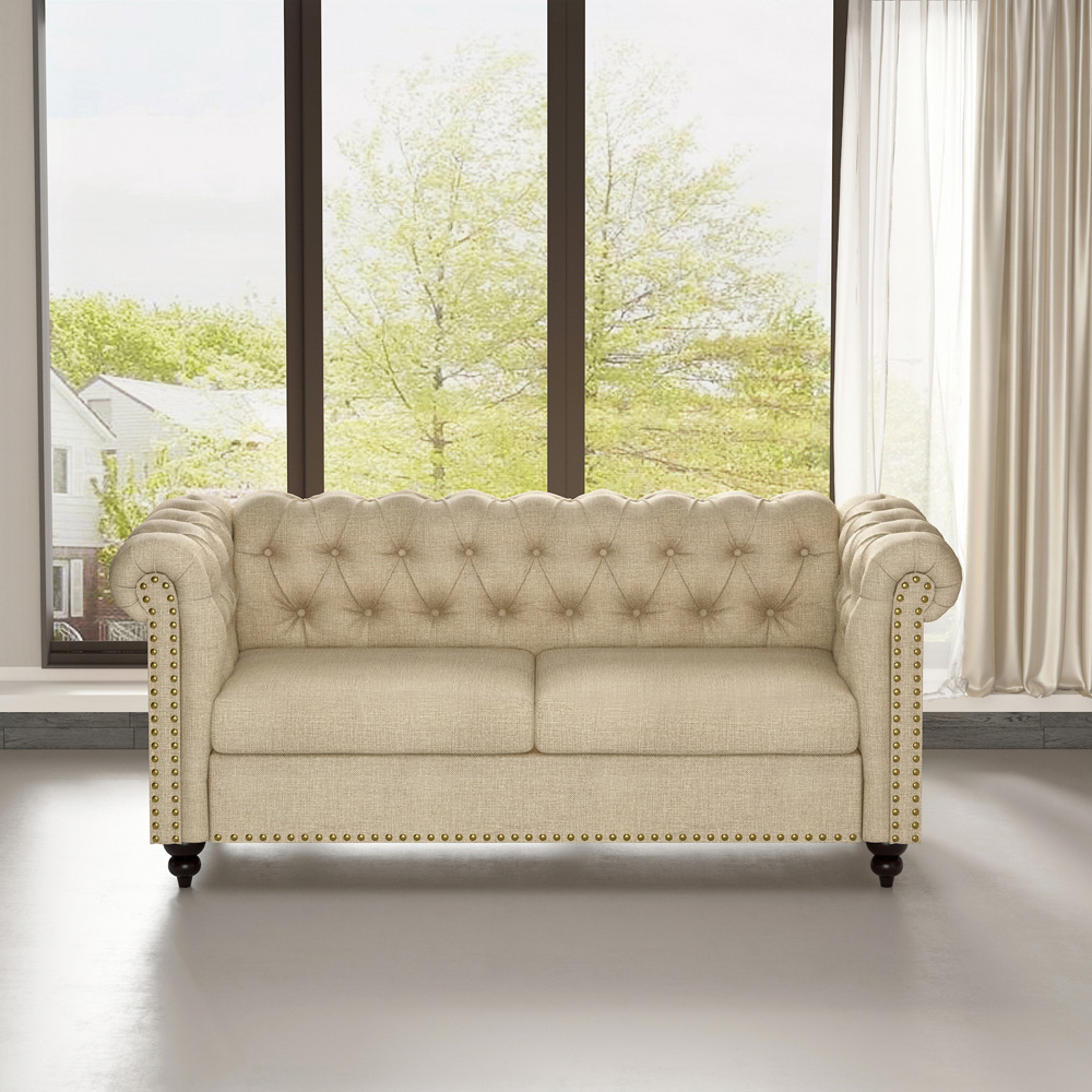 Victoria 2 Seater Beige Linen Button Tufted Chesterfield Sofa Image 6