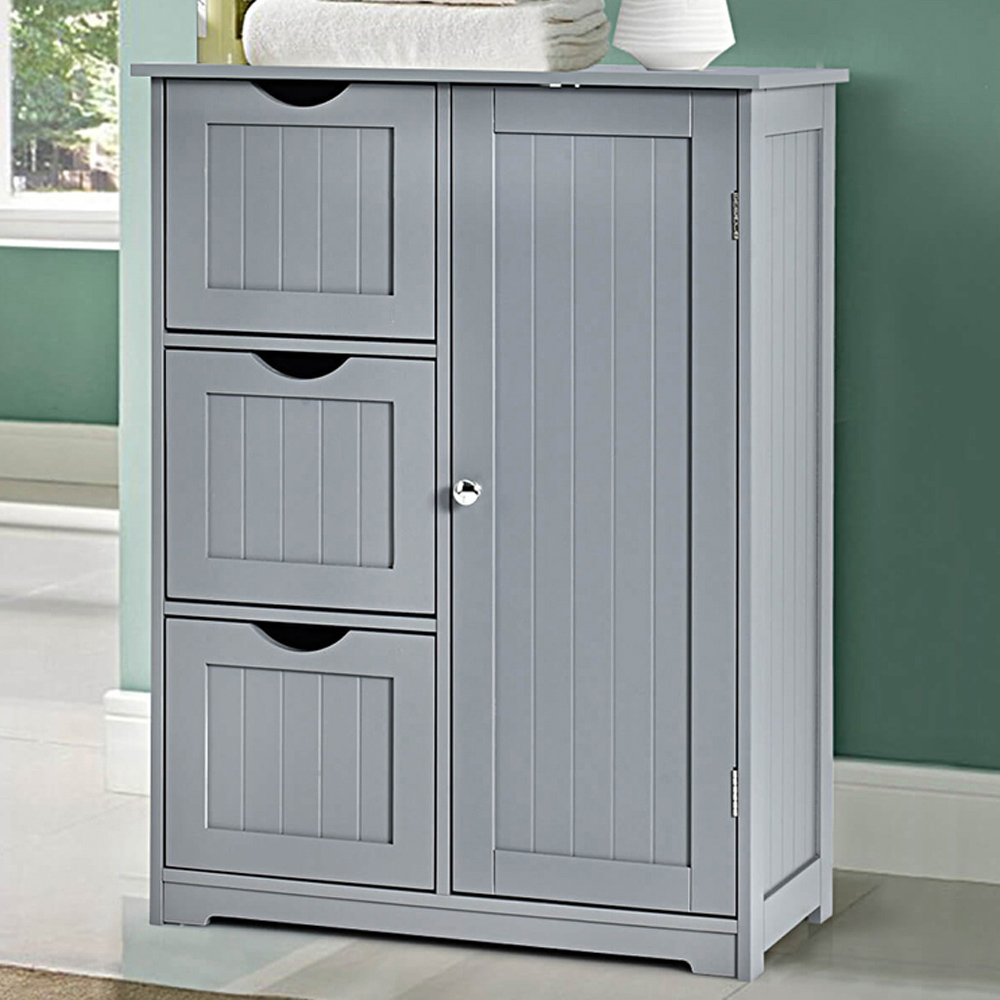 Costway Single Door 3 Drawer Grey Freestanding Bathroom Cabinet Image 1