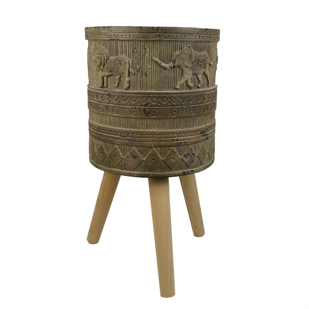 Leaf Jungle Brown Lion Elephant Embossed Composite Planter with Legs 29 x 43cm Image 5