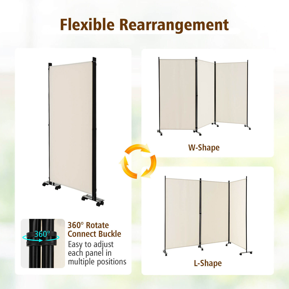 Costway Beige Foldable 3 Panel Room Divider with Wheels Image 7