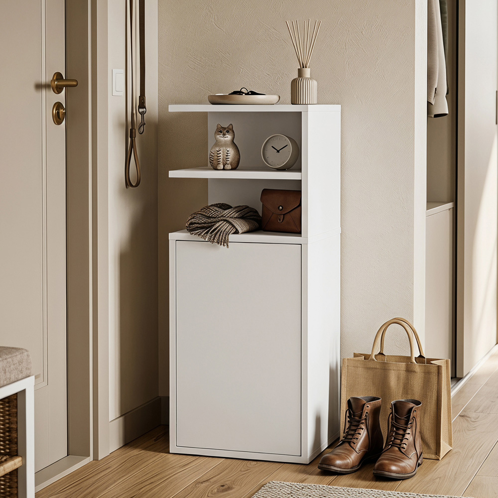 HOMCOM Single Door White Slim Bedside Table with Open Cubbies Set of 2 Image 2