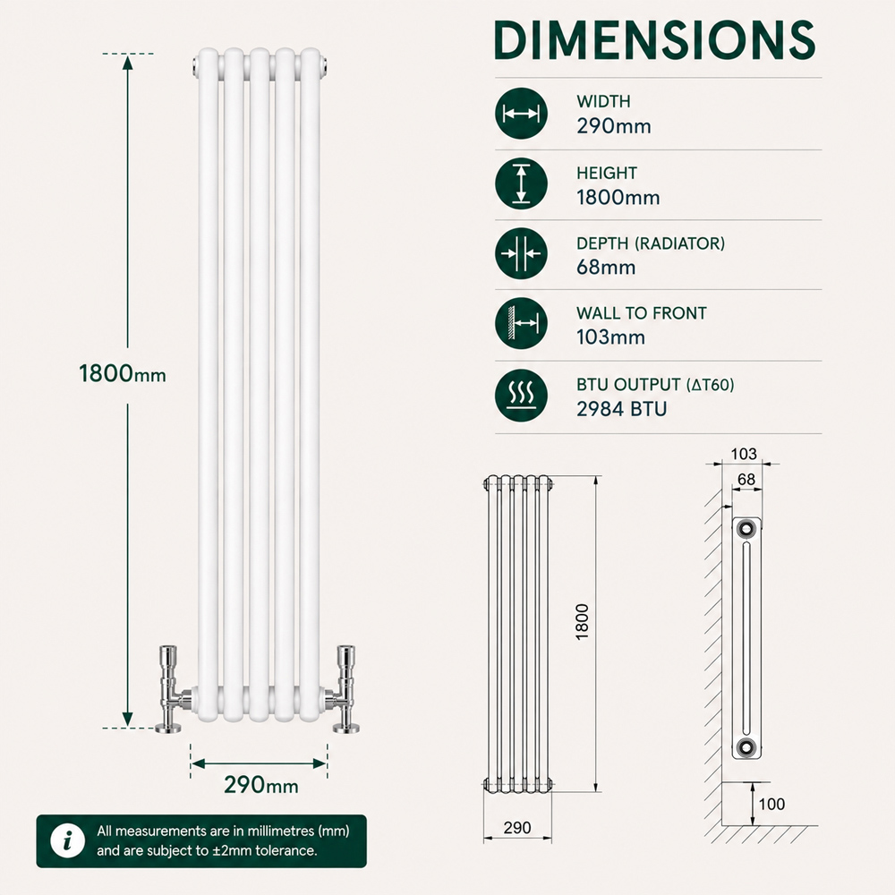 Go Bathrooms Uxbridge White Vertical Traditional Colosseum Radiator 1800 x 290mm Image 7
